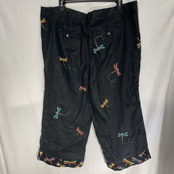 Vintage PARAPHRASE Capri Pants Linen Embroidered Beads Dragonfly Womens 14 Black - Picture 2 of 10